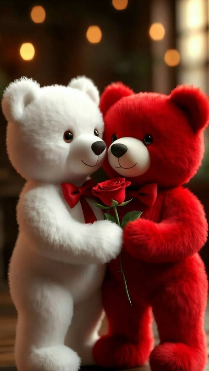 Deux nounours Noya Bénin, blanc et rouge, offrant une rose